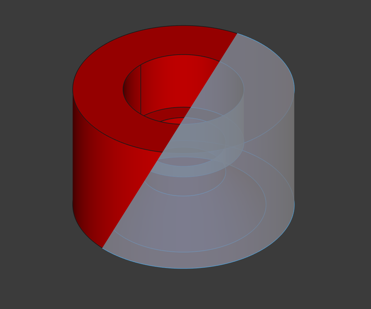 Screenshot of the simple 3D model in FreeCAD. The solid red render was edited so that a diagonal line separates the right side which shows the inside structure in a semitransparent fashion.
