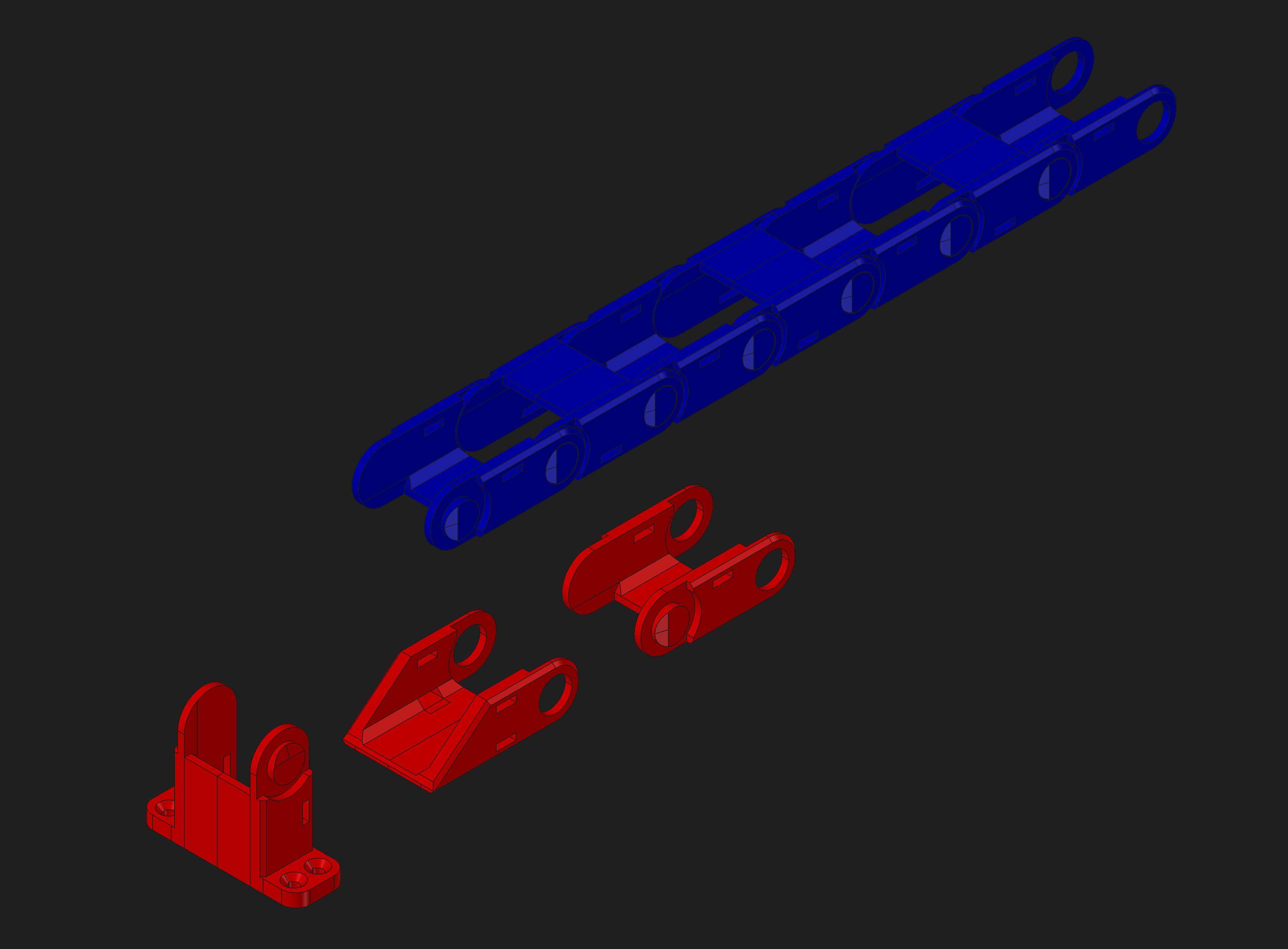 FreeCAD screenshot of the chain segments in red on a dark gray background. A blue preview shows how the segments fit together.

Left to right:
- End segment that can be screwed under the tabletop.
- End segment that can be zip-tied to the table leg.
- Standard chain segment.