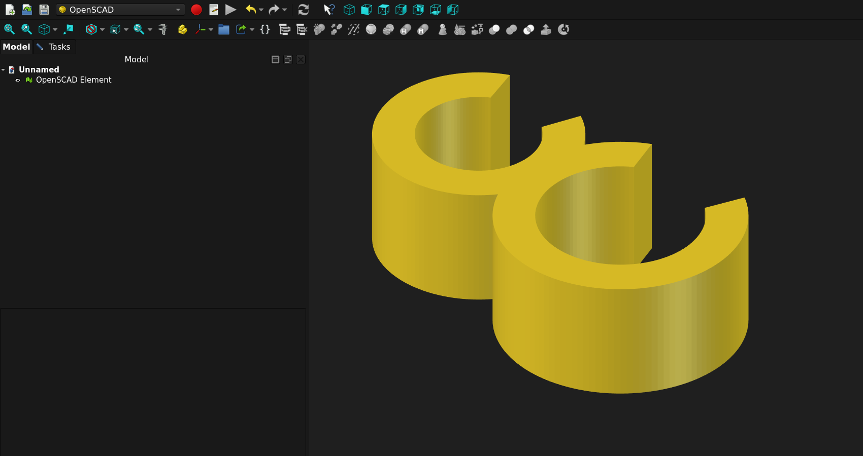 FreeCAD screenshot.

The code has been loaded via an OpenSCAD element in the OpenSCAD workbench.

The appearance has been changed so that the clip appears shaded in yellow but on a dark gray background, similar to the way it is previewed in OpenSCAD.