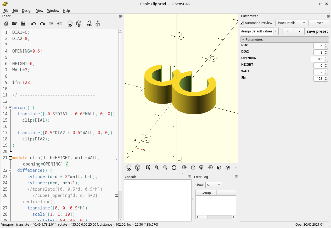 Screenshot of an OpenSCAD window.

Left: code view, starting with parameters (diameters, opening, height, wall diameter)

Right: customizer, allowing to change the parameters without editing the actual code

Middle: 3D preview on an off-white background; 3D coordinate system with the clip rendered around the coordinate origin, shaded in yellow